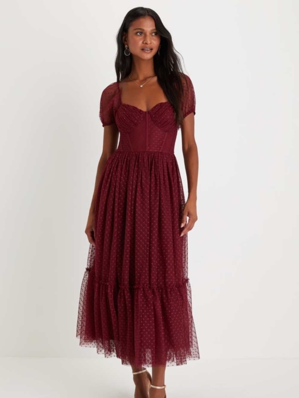 Lulus Sweet Amor Burgundy Tulle Swiss Dot Tiered Bustier Midi Dress - Size M